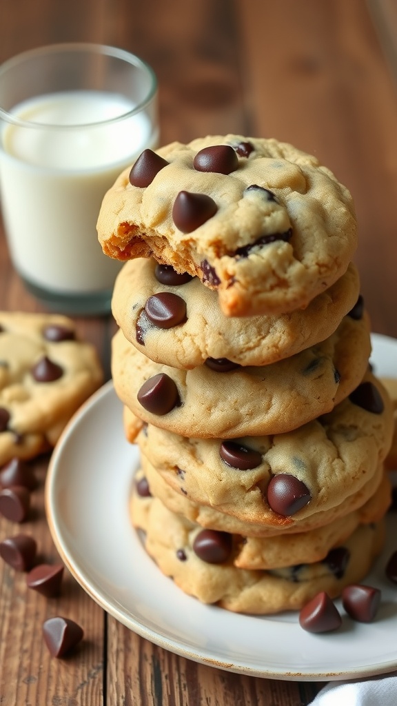 Delicious 50/50 Chocolate Chip and Peanut Butter Cookie Recipe A delicious stack of 50/50 cookies, featuring chocolate chips and peanut butter, with a glass of milk.